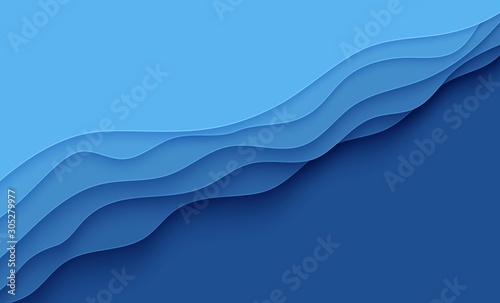Blue abstract background in paper cut style. Layers of paper wavy water for World Oceans Day 8 June. Vector Earth posters template, ecology brochures, presentations, invitations with place for text.