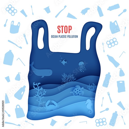 Stop ocean plastic pollution poster in paper cut style. Plastic bag silhouette carved from cardboard whith marine life and single used plastic spoons, fork, bottle tube toothbrush. Vector eco concept