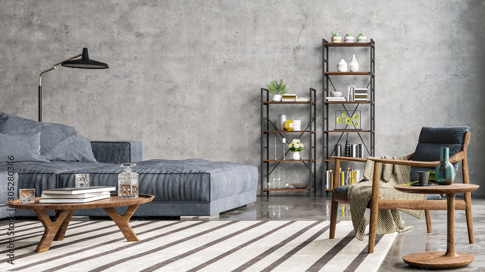 Φωτογραφία Modern interior design of a living room in an apartment, house, office, comfortable sofa, bright modern interior details and light from a window on a concrete wall background