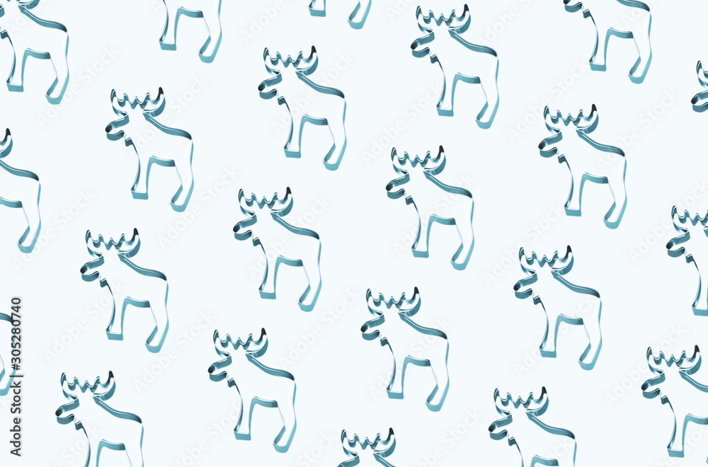 Pattern made of silver reindeers on blue background. Christmas and New Year concept.