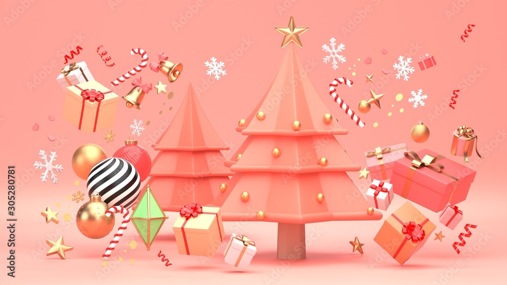 3d render image of christmas tree design for christmas holiday decorate by ornament geometric shape and giftbox. 3d render image of christmas tree design for christmas holiday decorate by ornament geometric shape and giftbox.