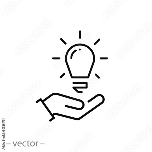 lightbulb on the hand icon, innovation technology concept, knowledge power, thin line web symbol on white background - editable stroke vector illustration eps10