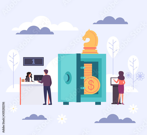 Banking office and safe money. Vector flat cartoon graphic design illustration