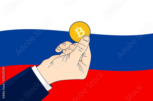 Bitcoin Russia - Hand holding up a bitcoin in front of the Russian flag. Russia is bullish on bitcoin concept. Flat vector illustration.