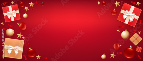 Christmas background greeting card. Template for Flyer, poster, dinner invitation, banner for promo. Illustration with Christmas balls, stars, gift boxes and place for text. Red background