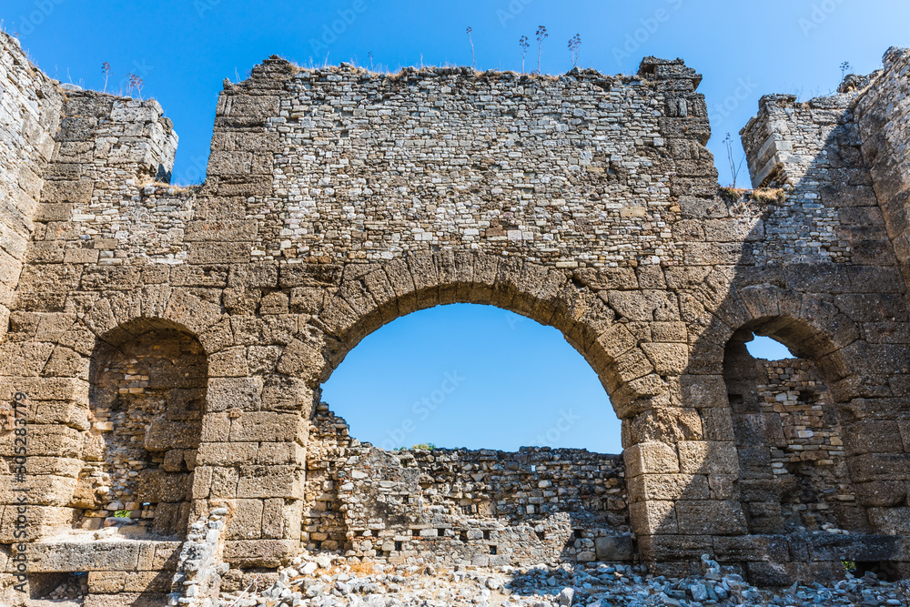 Aspendos or Aspendus, an ancient Greco-Roman city in Antalya province of Turkey. The Basilica