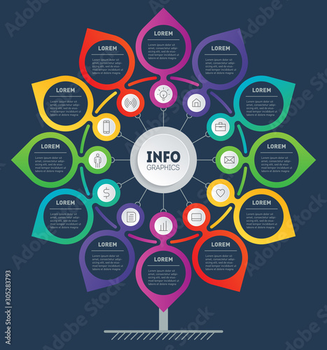 Business presentation or info graphics concept with 12 steps. Diagram looks like Flower. Infographic of technology or education process with options. Annual report is segmented into twelve months.