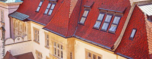Photography Beautiful view of old vintage building with red roof in old town in Bratislava, Slovakia