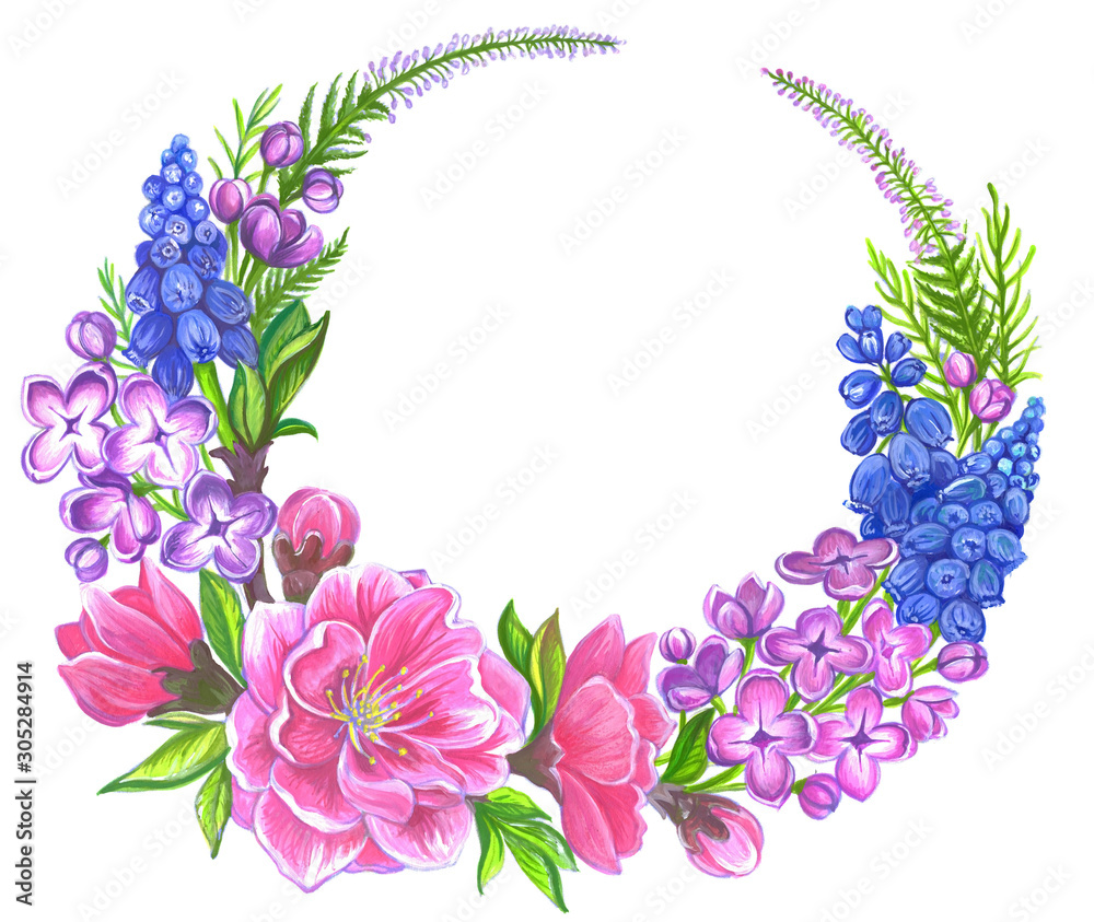 Watercolor natural round frame with roses, lilac, muscari and magnolia flowers. Spring illustration on white background. Floral wreath for creating card, invitation card for wedding and other holiday.