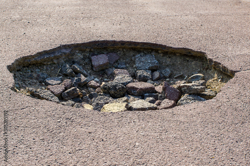 cracked hole in the asphalt road