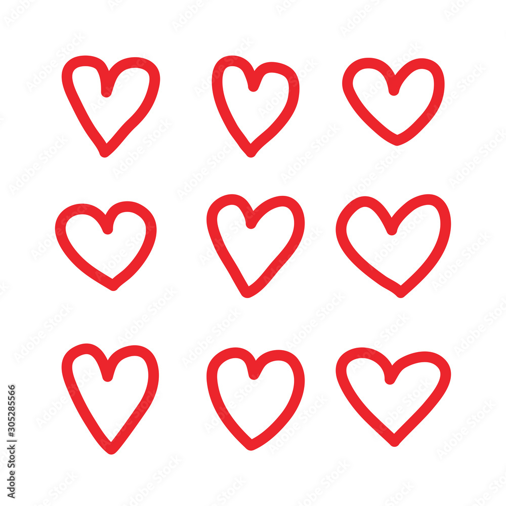 Red Heart hand drawn icons vector set isolated on white background. For Valentine's day, banners, posters and wallpaper. Collection of hearts for creative art. Hearts of love.