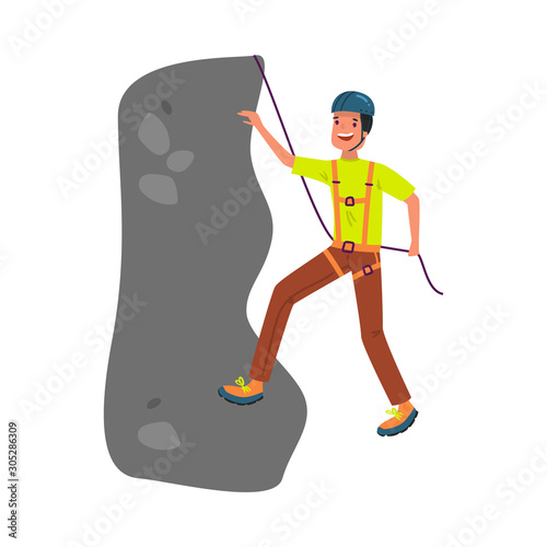 Happy man alpinist in blue helmet climbing hill vector illustration