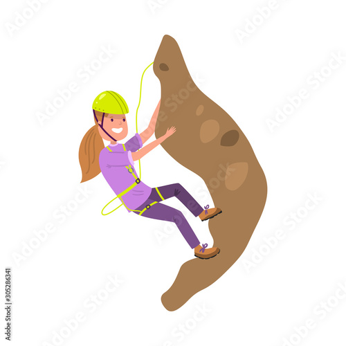 Smiling girl alpinist in green helmet climbing hill vector illustration