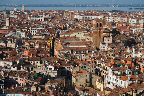 Top view of traditional buildings in the center of Venice.
