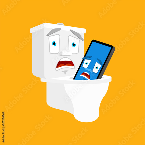 Phone fell into toilet cartoon. Smartphone in wc. vector illustration