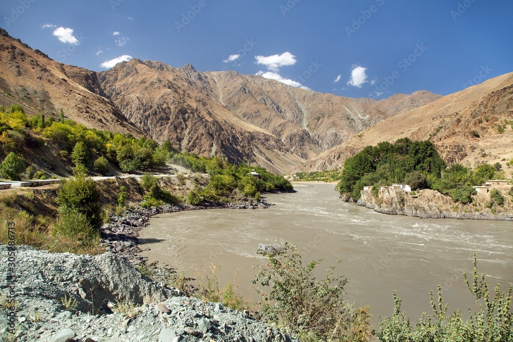 Panj river and Pamir mountains.