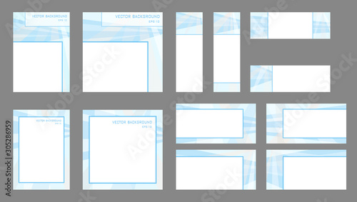 Set of layouts in blue hues. Covers A4, square templates, 8 banners, text place. Flat geometric pattern. Vector abstract background for book, presentation, brochure, poster, booklet, leaflet. EPS10