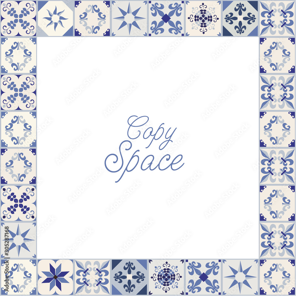 Frame of hydraulic tiles, typical of Spain, Italy and Portugal and blank space for text Frame of hydraulic tiles, typical of Spain, Italy and Portugal and blank space for text