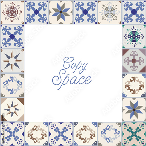 Frame of hydraulic tiles, typical of Spain, Italy and Portugal and blank space for text