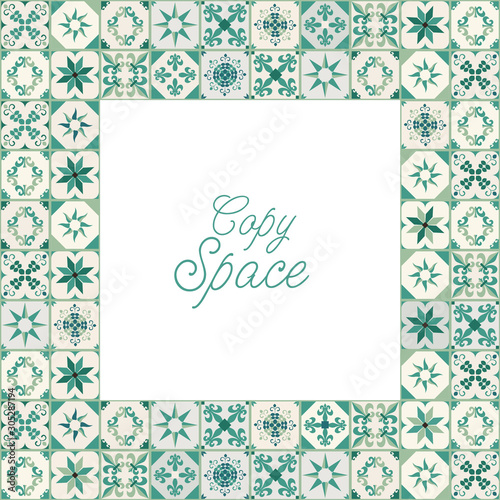 Frame of hydraulic tiles, typical of Spain, Italy and Portugal and blank space for text