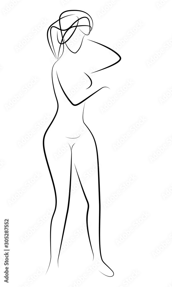Black contour of Standing beautiful woman in the shower Black contour of Standing beautiful woman in the shower