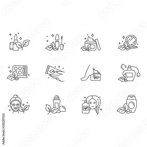 Organic cosmetics linear icons set. Lipstick. Mascara. Cream, lotion. Perfume. Eco products. Haircare, makeup items. Thin line contour symbols. Isolated vector outline illustrations. Editable stroke