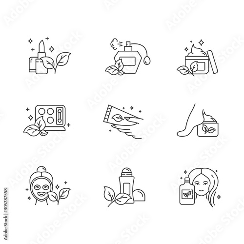 Organic cosmetics linear icons set. Lipstick. Perfume. Skincare cream. Eyeshadow kit. Facial mask. Shampoo. Deodorant. Thin line contour symbols. Isolated vector outline illustrations. Editable stroke