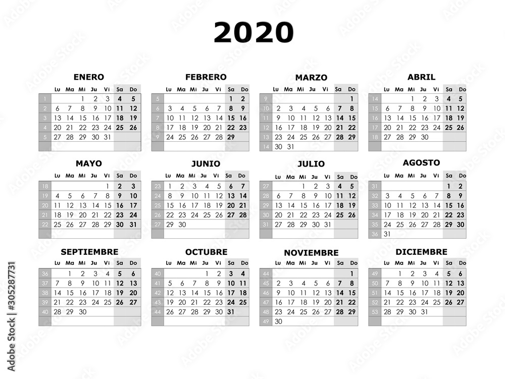 Calendario 2020, aislado, fondo blanco. Almanaque. Stock Illustration |  Adobe Stock