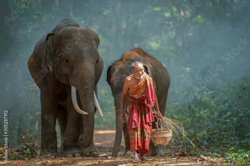 The old man was walking out of the forest with the elephant he raised.