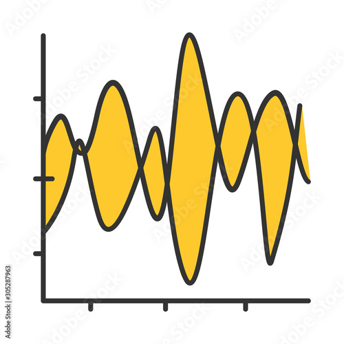 Stream graph color icon. Seismic chart. Amplitudes and motion waves. Radiation curve diagram. Science research. Weather report. Vibration flow visualization. Isolated vector illustration