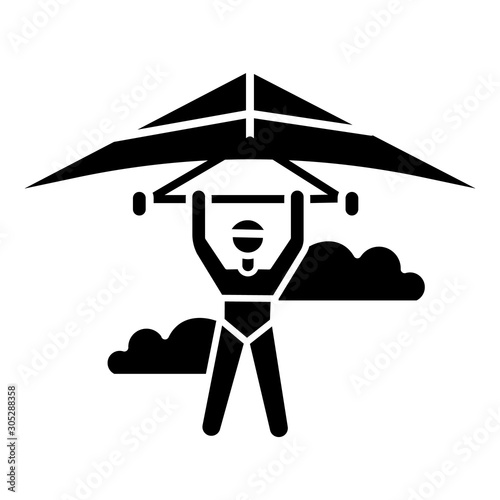 Hang gliding glyph icon. Hangglider pilot flying. Extreme air sport. Skydiving stunt. Adrenaline flights in sky. Paragliding trick. Silhouette symbol. Negative space. Vector isolated illustration