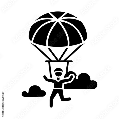 Parachuting glyph icon. Paragliding, paratrooping activity. Air extreme sport. Skydiving, hang gliding recreation. Flights in sky, jumps with parachute. Silhouette symbol. Vector isolated illustration