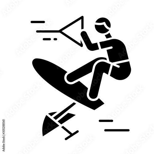 Wakeboarding glyph icon. Sling shot. Extreme water sport leisure. Rider standing on wakeboard. Adrenaline recreation. Outdoor activity. Silhouette symbol. Negative space. Vector isolated illustration