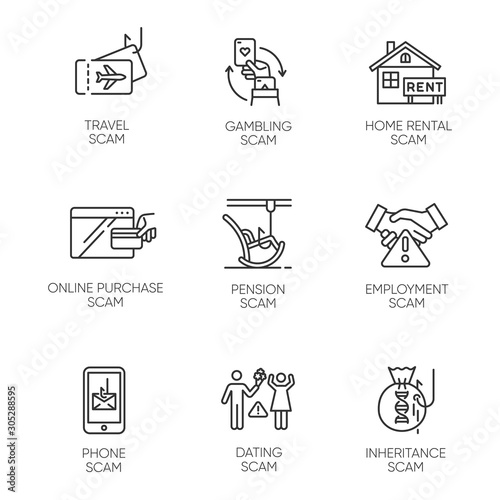 Scam types linear icons set. Travel, gambling, dating scheme. Pension, inheritance trick. Phone, home rental scamming. Thin line contour symbols. Isolated vector outline illustrations. Editable stroke