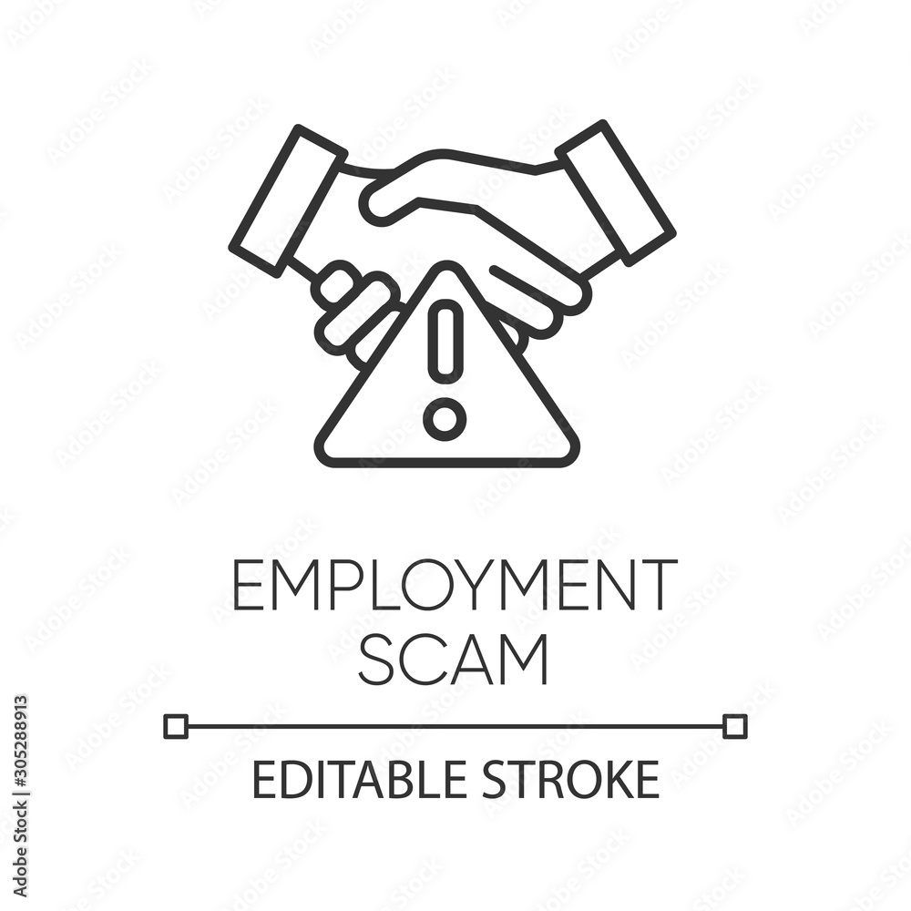 Employment scam linear icon. Fake recruitement offer. False job opportunity. Financial fraud. Thin line illustration. Contour symbol. Vector isolated outline drawing. Editable stroke