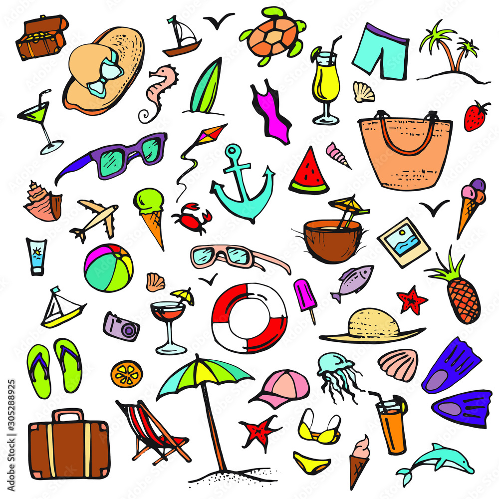 Summer color doodle set. Summer beach holidays, travel, shoes, ice cream,  shells, ball, drink, towel, sunglasses, parasol. Hand drawn doodle. Vector  illustration isolated on white background Stock Vector | Adobe Stock