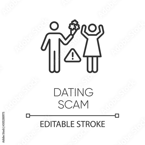 Dating scam linear icon. Online romance fraud. Fake dating service. False romantic intention. Confidence trick. Thin line illustration. Contour symbol. Vector isolated outline drawing. Editable stroke
