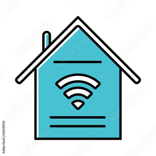 Smart home features blue color icon. Handle with domestic appliances via internet. Control household. Wi-Fi access indoors. Home automation system. Isolated vector illustration
