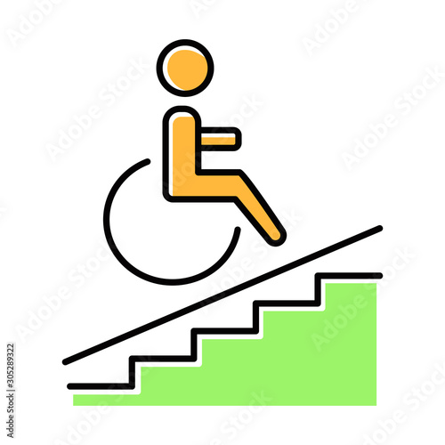 Wheelchair access green color icon. Accessible to handicap people. Facilities for disabled persons. Wheelchair ramp sign. Apartment amenities. Architectural barriers. Isolated vector illustration