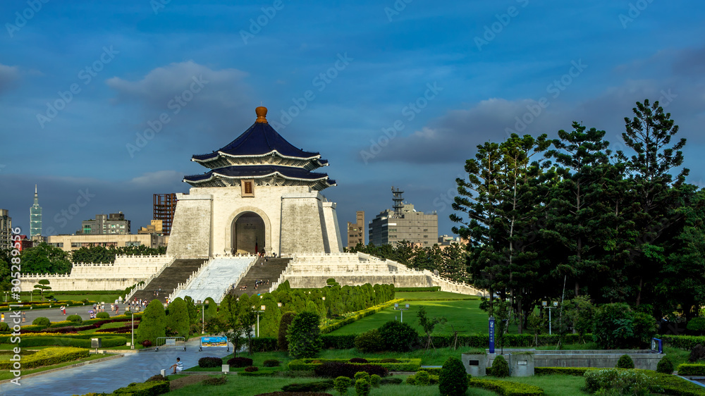 View of the entrance gate to beautiful monument Chiang Kai Shek memorial hall.