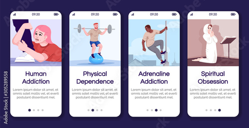 Addiction types onboarding mobile app screen vector template. Spiritual, physical obsession. Walkthrough website steps with flat characters. UX, UI, GUI smartphone cartoon interface concept