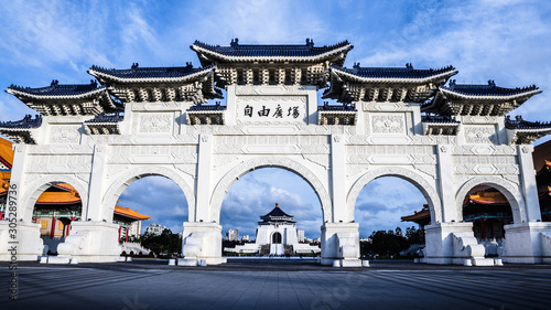 View of the entrance gate to beautiful monument Chiang Kai Shek memorial hall.