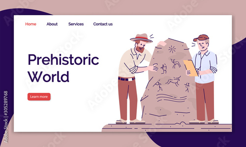 Prehistoric world landing page vector template. Ancient history website interface idea with flat illustrations. Archeological expedition homepage layout. Web banner, webpage cartoon concept