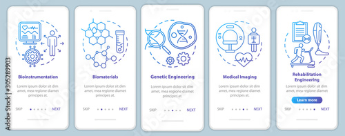 Bioengineering onboarding mobile app page screen vector template. Medical imaging. Bioinstrumentation. Walkthrough website steps with linear illustrations. UX, UI, GUI smartphone interface concept