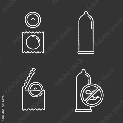 Contraceptive chalk icons set. Safe sex. Male latex condom in package. Preservative. Birth control. Unwanted pregnancy prevention. HIV risk precaution option. Isolated vector chalkboard illustrations