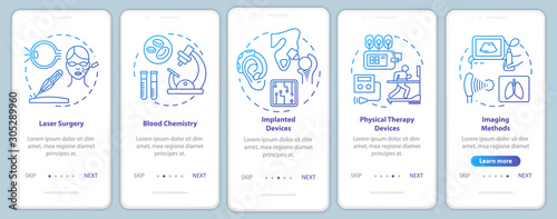 Biomedical engineering onboarding mobile app page screen vector template. Laser surgery. Blood chemistry. Walkthrough website steps with linear illustrations. UX, UI, GUI smartphone interface concept