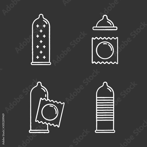 Condom chalk icons set. Safe sex. Female latex reusable contraceptive with dots in package. Preservative method. Pregnancy prevention, STI risk precaution. Isolated vector chalkboard illustrations