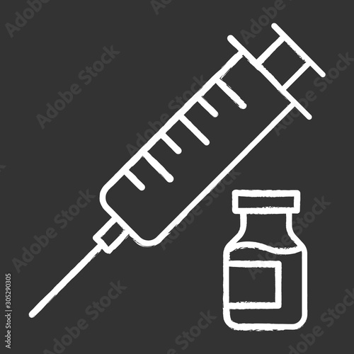 Vaccination chalk icon. Medical injection. Contraceptive syringe shot. HIV precaution procedure. Safe sex. Female, male healthcare. Pharmaceutical vial. Isolated vector chalkboard illustration
