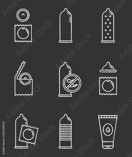 Safe sex chalk icons set. Male contraceptive products. Female condoms. Water-based lubricant. Unplanned pregnancy prevention. Birth control. AIDs protection. Isolated vector chalkboard illustrations