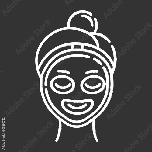 Vitamin C mask chalk icon. Skin care procedure. Facial beauty treatment. Using liquid mask. Exfoliating and moisturizing effect. Dermatology, cosmetics, makeup. Isolated vector chalkboard illustration